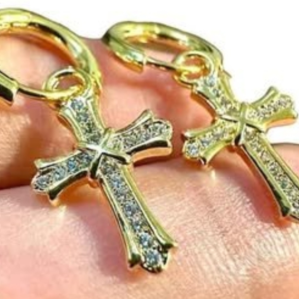 14K Gold Plated Cross Earrings Men Women, Hoop and Huggie Earrings, Dangle
